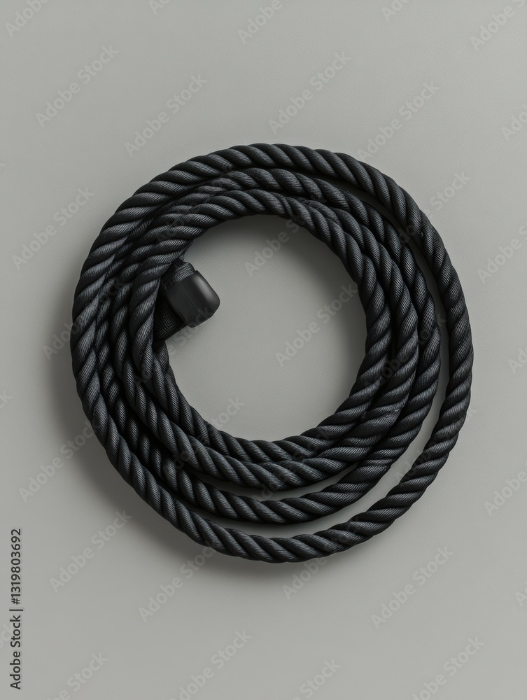Aufkleber black jump rope coiled neatly on smooth grey surface in a minimalist design with ample negative spac