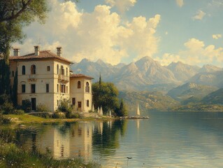 Obraz premium Picturesque lakeside villa with mountains. Ideal for travel, real estate, or idyllic home imagery.