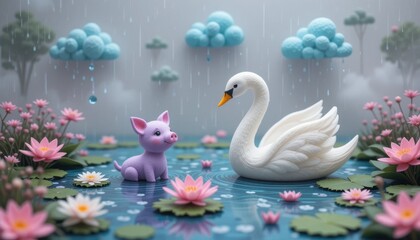 Adorable Pig and Elegant Swan in a Rainy Pond Scene Sweet digital art illustration
