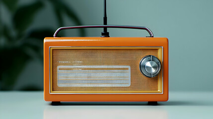 Close Up Orange Retro Radio On A Surface With Green Background Featuring Antenna and Knob