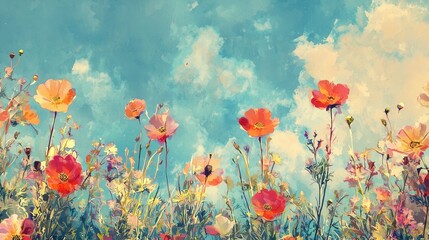 Fototapeta premium A vibrant meadow filled with various wildflowers in shades of pink, yellow, and orange dances gently in the warm sunlight. Soft clouds drift across a blue sky