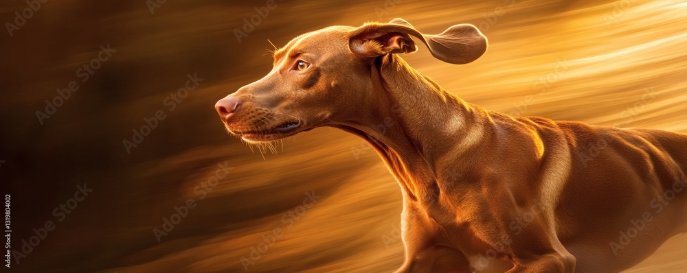 Poster a sleek brown dog running with speed and determination in a dynamic pose