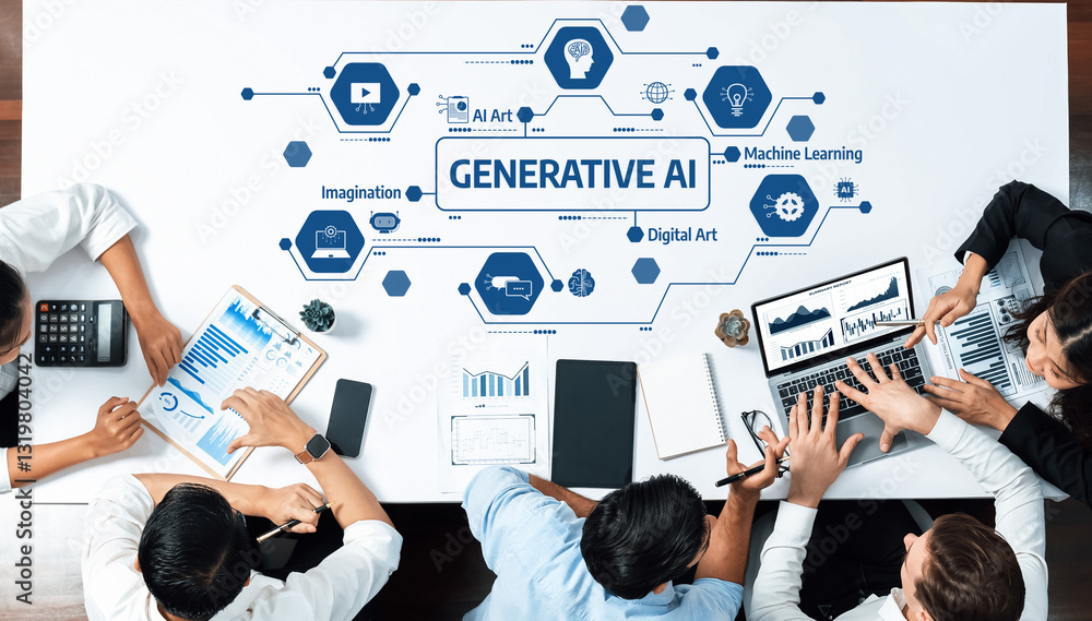 Poster This image captures a vibrant workspace where diverse individuals collaborate on generative AI concepts, focusing on digital art and machine learning initiatives. Amity