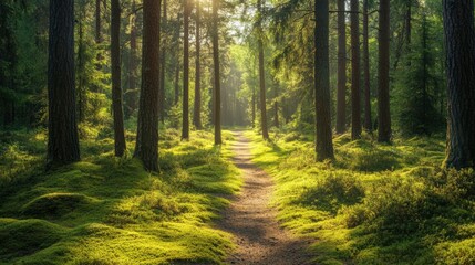 Obraz premium a lush forest path surrounded by tall pine trees, with sunlight filtering through the branches, casting dappled light on the green moss-covered ground