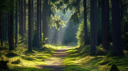Fototapeta premium a lush forest path surrounded by tall pine trees, with sunlight filtering through the branches, casting dappled light on the green moss-covered ground