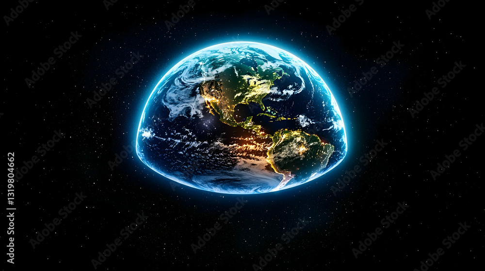 Poster digitally rendered illuminated pixelated earth globe depicting continents and oceans against a starr