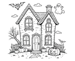 Naklejka premium Happy Haunted House with Ghosts Coloring Page