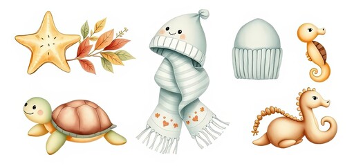 Cute Sea Animals Winter Accessories Watercolor Illustration