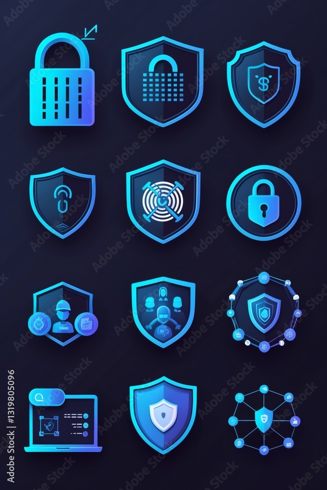 Poster digital security icons on dark background representing data protection solutions