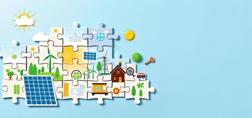 Fototapeta premium Sustainable Energy Puzzle Green Eco Friendly Home Solar Panels Wind Turbines Alternative Energy