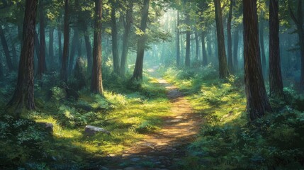 Obraz premium a lush forest path surrounded by tall pine trees, with sunlight filtering through the branches, casting dappled light on the green moss-covered ground