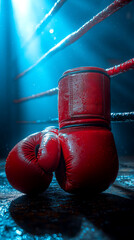 Red boxing gloves lying on the ring in the spotlight, dark background