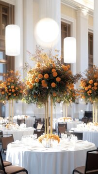Opulent Indian dinner setup with vibrant marigold floral arrangements in a grand ballroom