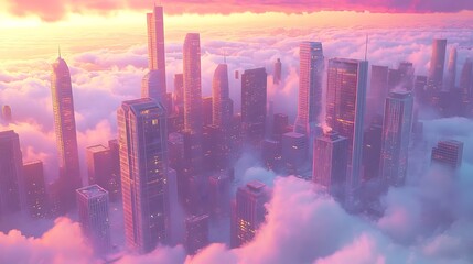 A futuristic city above the clouds at sunset, showcasing skyscrapers and a dreamy atmosphere.