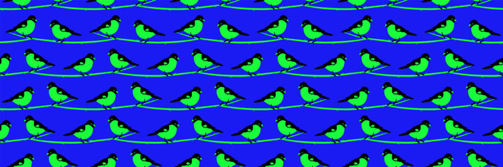 Bird. Green, blue and black seamless pattern. Vector background for banner
