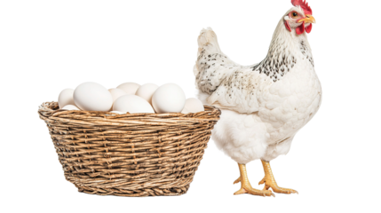 Chicken by basket of eggs isolated setting animal photography minimalist environment close-up view domestic themes