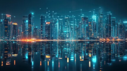 Futuristic city skyline at night reflected on water