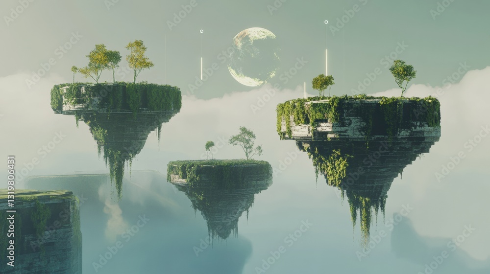Poster floating islands connect virtual worlds in a serene metaverse landscape with lush greenery and celes