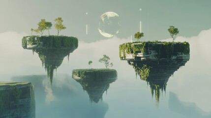 Floating islands connect virtual worlds in a serene metaverse landscape with lush greenery and celestial elements
