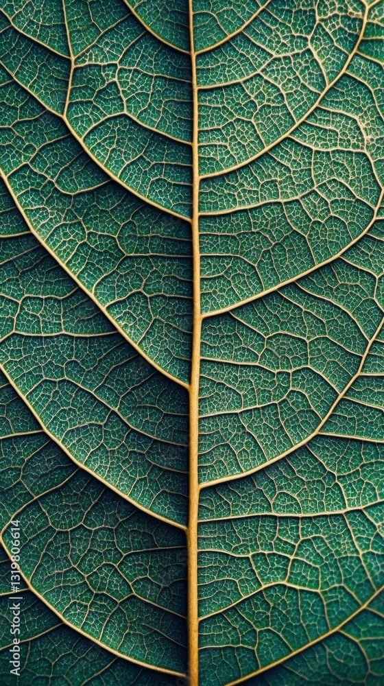 Poster A stunning green leaf captures attention with its delicate texture and rich vein patterns. Sunlight filters through, illuminating the details in a peaceful forest setting