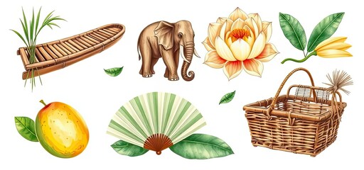 Asian Elephant Lotus Flower Bamboo Boat Mango Hand Fan Picnic Basket Illustration