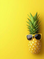 Smiling Ananas Fruit Wearing Sunglasses Exudes a Cheerful Summer Vibe Against a Bright Yellow Background