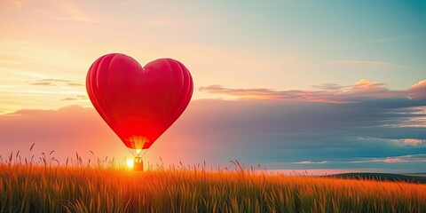 Fototapeta premium Heart Shaped Hot Air Balloon at Sunset over Golden Field