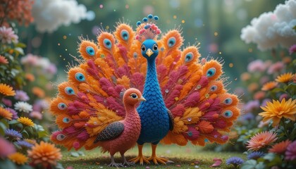 Obraz premium Adorable Peafowl Pair in Vibrant Floral Garden Setting A Stunning Digital Illustration