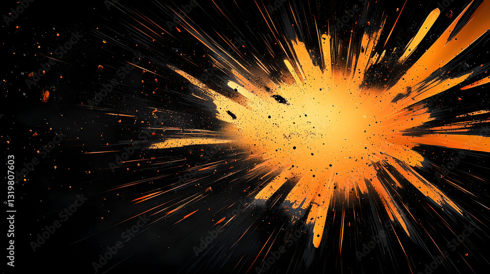 Poster dynamic orange explosion with particles on black background digital abstract art