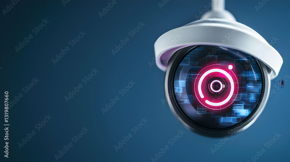 Aufkleber modern security camera with red and blue digital display on dark blue background with soft lighting