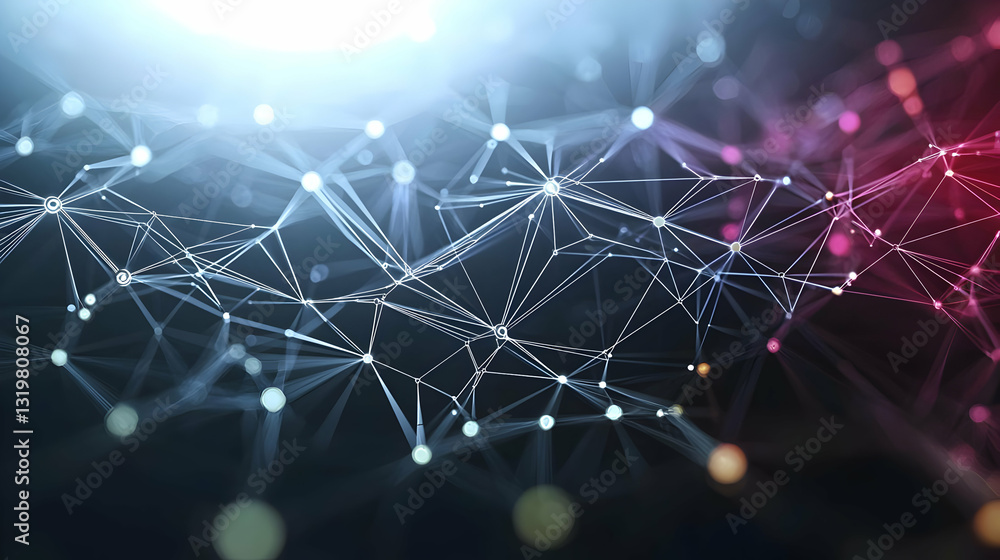Poster abstract network connection with bright blue and red light geometric data visualization in dark back