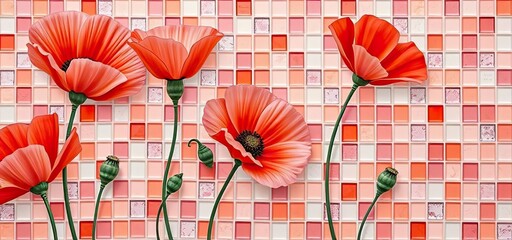 Vibrant Red Poppies on Pink Mosaic Tile Background