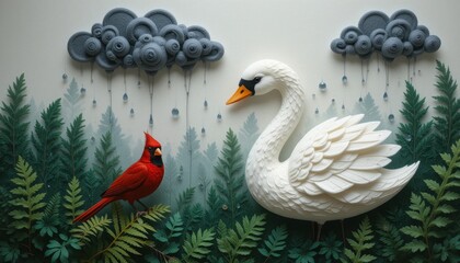 Obraz premium Serene Swan and Cardinal in Rainy Forest Paper Art Scene