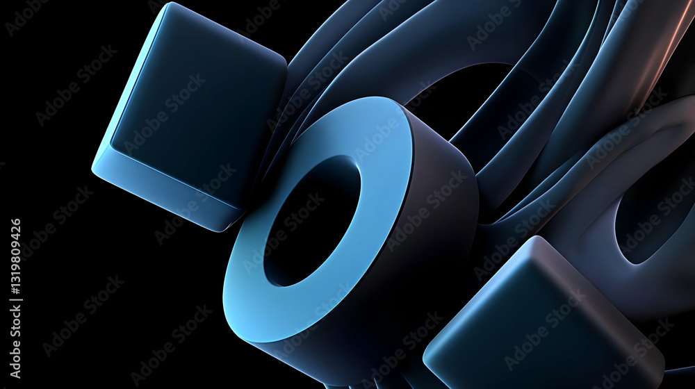 Poster 3d render of abstract blue and black geometric shapes with metallic texture on a dark background