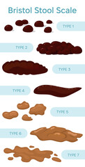 Human Stool types vector illustration. Bristol Stool Scale from constipation to diarrhea as an indicator of health. Various types of human poops are isolated on white.