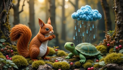 Fototapeta premium Adorable Squirrel and Turtle Friends in a Magical Forest Under a Gentle Rain Cloud