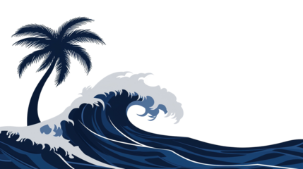 Waves crash under a palm tree at sunset beach tropical paradise digital artwork relaxing scene