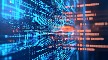 Fototapeta premium Abstract Three Dimensional Blue and Orange Data Stream in Cyberspace Depicting Flow of Digital Information