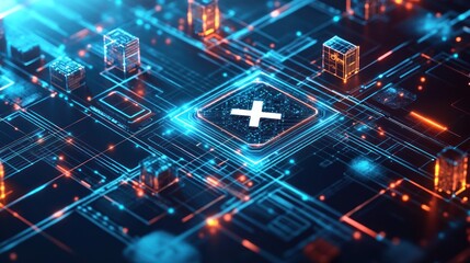 Circuit board showing plus sign glowing with orange light. Tech background and data visualization