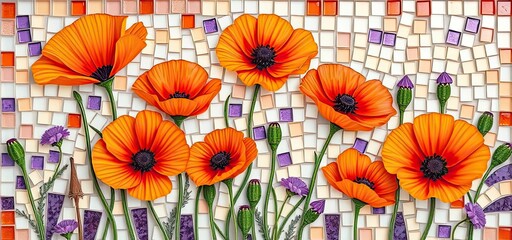 Vibrant Orange Poppies Mosaic Tile Art Floral Still Life