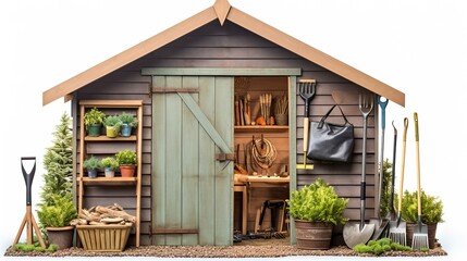 A photo of a garden shed with tools
