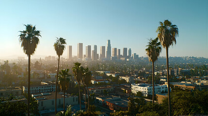 Obraz premium Pixel Art Depiction Of Los Angeles Skyline At Sunrise With Palm Trees In Foreground