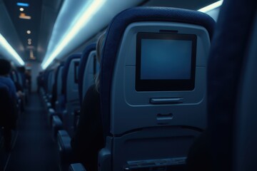 Obraz premium the interior of an airplane with blue seats