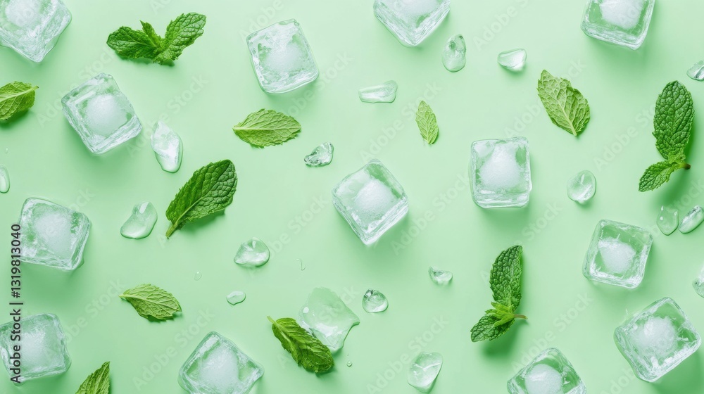 Poster Refreshing top view of ice cubes and mint leaves on a light green backdrop creating a cool and inviting atmosphere for summer drinks