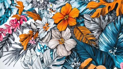 Vibrant flowers and tropical leaves bring life to a mural, displaying an array of colors against a white background in an urban area. The artistic design captivates passersby