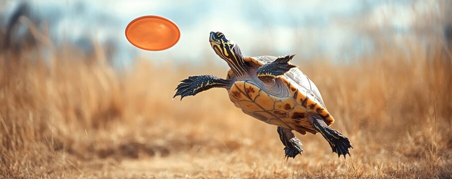 A turtle leaps towards an orange disc in mid air