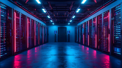 Fototapeta premium Modern Data Center With Server Racks And Pink And Blue Neon Lights Reflecting On The Dark Wet Floor
