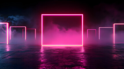 Abstract Neon Pink Illuminated Squares In Dark Environment With Smoke and Reflective Surface