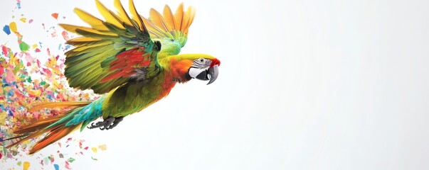 A colorful parrot is in flight across a white background