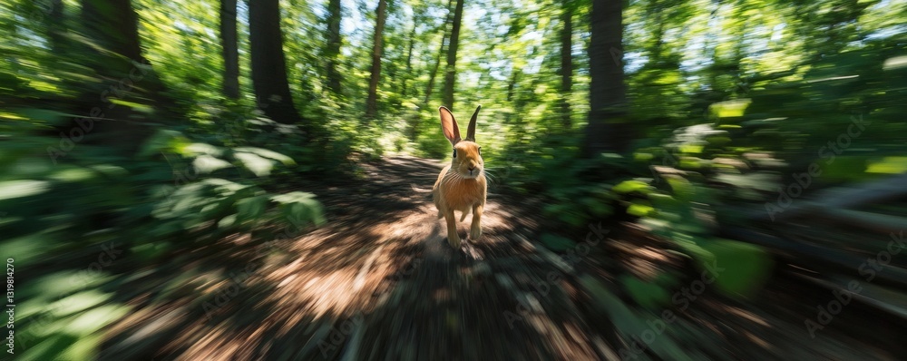 Poster a running rabbit swiftly moves through a sunlit forest pathway